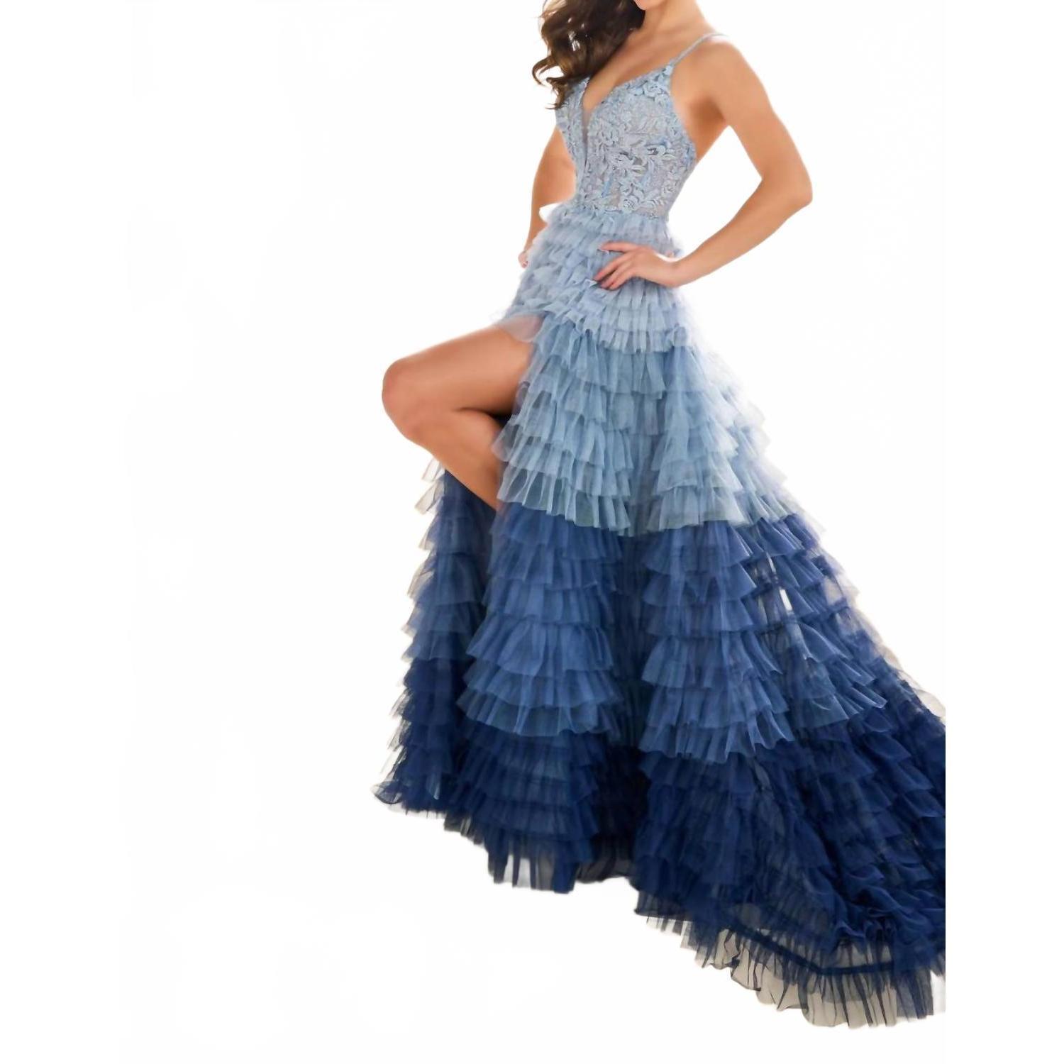 New Ellie Wilde Ombre Layered Tulle A-Line Gown In Denim Blue